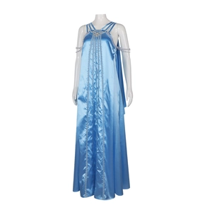 Blauwe Amidala cosplay jurk van satijn met halternek en zilveren parel decoraties