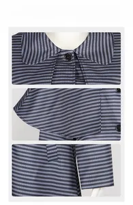 Détails du tissu rayé bleu foncé et gris clair avec revers et boutons ronds noirs