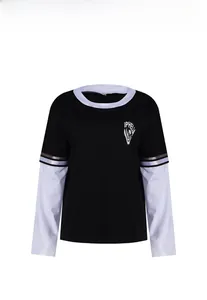 Detail of Wednesday Adams long sleeve tee featuring Iphelia print and white layered sleeves