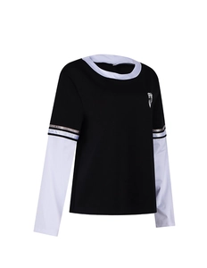 Detail of Wednesday Adams long sleeve t-shirt with striped sleeves and chest logo