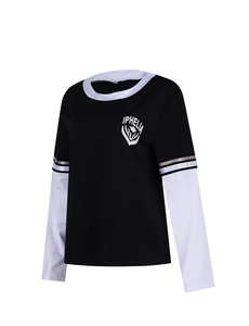 Detail of Wednesday Adams cosplay shirt featuring black white layered sleeves and logo
