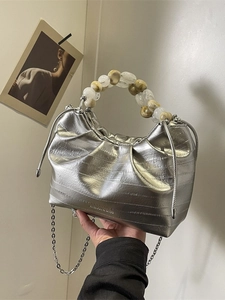 Women Pleated Dumpling Bag PU Leather Handbag Metallic Beaded Handle Chain Crossbody Bag Fashion Cloud Bag Shoulder Purse