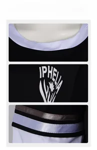 Detail of Wednesday Adams costume featuring neckband, flame print and ribbon trim