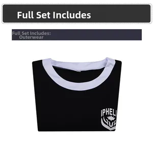 Detail of the black Wednesday Addams cosplay shirt with white collar and crest logo print