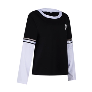 Wednesday Addams cosplay T-shirt with black and white contrast sleeves and silver stripes