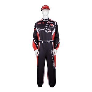 Racepak jumpsuit met pet voorzien van rode en witte strepen op zwarte stof