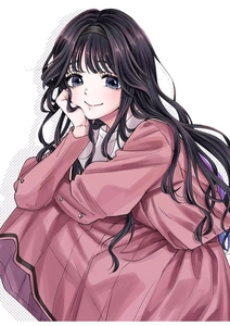Anime illustration detail showing character with long black hair in a pink purple dress