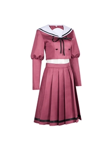 Detail view of pink sailor-style JK uniform with pleated skirt and black bow tie