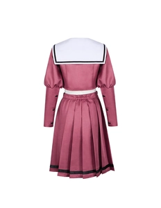 Rear view of pink sailor style school uniform featuring pleated skirt and white collar detail
