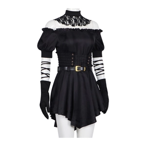 Gothic zwart cosplay jurk set met pofmouwen, kanten kraag en leren riem