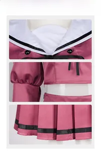 Detail view of the rose red sailor collar, puff sleeves and pleated JK uniform skirt