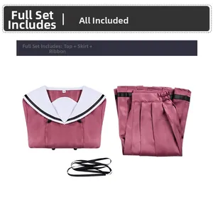 Three-piece school uniform cosplay set with burgundy sailor top, pleated skirt and black ribbon