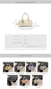 Detailed view showing dimensions and seven color variants of the mini bowling bag