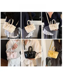 Collage of models wearing glossy vintage bucket bags in white, black, pink and yellow