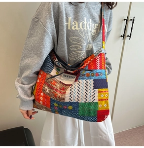 Detailed close-up of colorful patchwork denim tote bag with SEEYOU label and bow