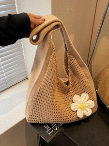 Grand Sac Fourre-Tout en Crochet pour Femmes Sac à Épaule Tricoté Avec Fleur Marguerite 3D Sac de Plage