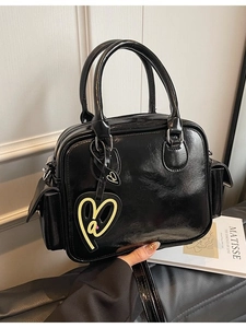 Women Large Capacity Boston Bag PU Leather Crossbody Bag With Heart Charm Glossy Finish Handbag Shoulder Bag Office Tote