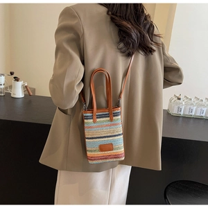 Model showcasing a colorful striped woven straw mini tote bag with brown leather handles