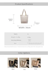 Detailed size specifications for canvas tote bag showing dimensions and weight metrics
