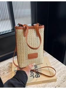 Women Mini Straw Woven Crossbody Bag Leather Trim Small Bucket Mobile Phone Bag Casual Vacation Handbag