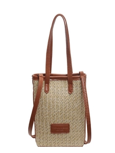 Straw mini bucket bag with brown PU leather trim and crossbody strap for women