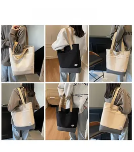 Detailed views of high-capacity canvas tote bag showing stitching and side compartments