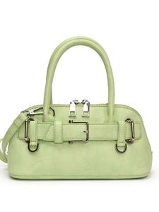 Chic mint green shell bag in pebble leather with top handles and adjustable shoulder strap