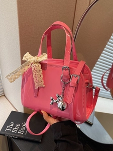 Women's Glossy PU Leather Boston Bag Sweet Lace Bow Crossbody Bag Korean Style Handbag With Cute Metal Charms For Daily Use