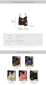 Detailed size specifications and material chart for the corduroy bucket tote bag