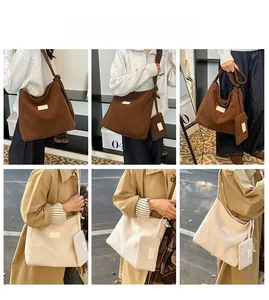Detailed views of corduroy tote bag with matching small pouch in brown and beige
