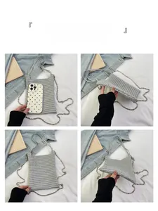 Detail of silver woven crossbody bag with metal chain strap and phone size comparison