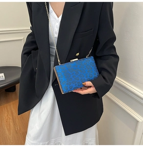Dettaglio ravvicinato della pochette leopardata blu con cornice dorata e catenina