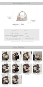 Detailed size specifications and color options for the stylish PU leather crescent handbag