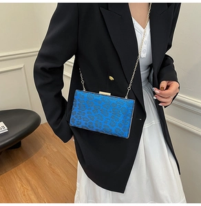 Borsa a tracolla blu leopardata con catena dorata indossata da una modella in una stanza