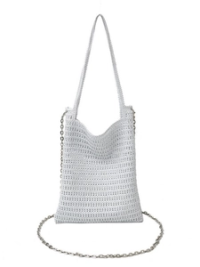 Silver hand-woven shoulder bucket bag with knit strap and decorative metal chain