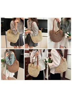 Detailed views of woven straw tote bags in beige and coffee with leather shoulder straps