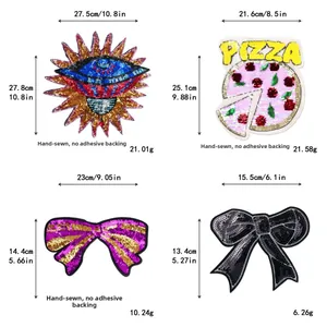 Detailed view of sequin embroidery patches including pizza and bow shapes for DIY sewing