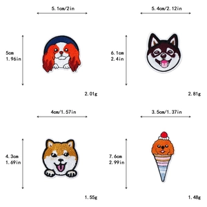 Detailed size chart for husky and corgi embroidered patches with dimensions and weight