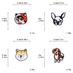 Detailed view of four assorted dog embroidery patches with size and weight dimensions