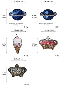 Detail of sequin planet, ice cream, and crown patches with size measurements and sewing info