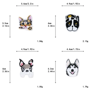 Detailed size specifications for husky and bulldog embroidered animal patches with dimensions