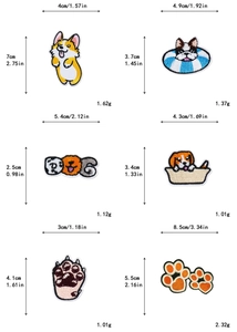 Detailed size chart for various dog embroidery patches including corgi and bulldog designs