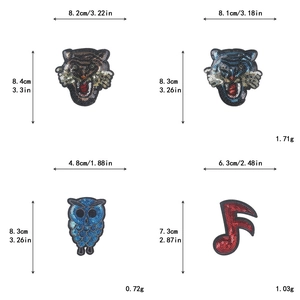 Sequin tiger owl and musical note embroidery patches with dimensions and weight info