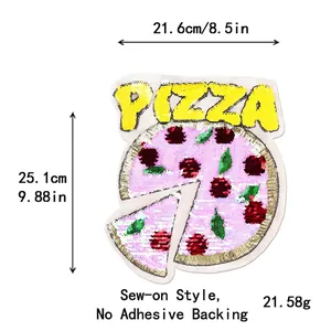 Sequin pizza patch 21.6x25.1cm for DIY clothing decoration with yellow PIZZA lettering