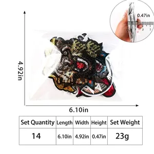 Set of 14 colorful sequin animal patches with full sizing and weight specifications