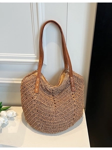 Sac Cabas en Paille Tissée Grande Capacité Mode Femmes Sac à Bandoulière Décontracté Rétro Sac de Plage Avec Bandoulières en Cuir PU
