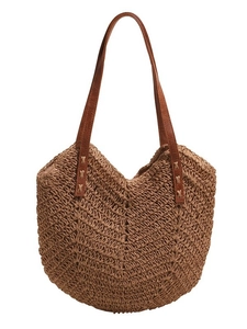 Grand sac cabas tissé marron avec motif à chevrons et bandoulières en cuir souple