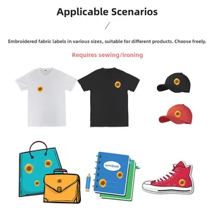 Sunflower embroidery patches shown on t-shirts, caps, and bags, iron-on or sew-on DIY