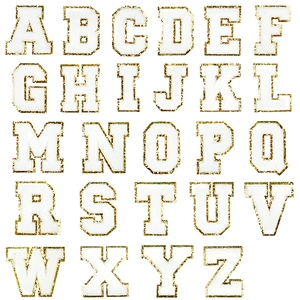 Set of 26 white chenille letter patches with gold glitter borders for DIY clothing décor