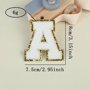 Chenille letter A patch with gold glitter border for DIY clothing and bags decoration
